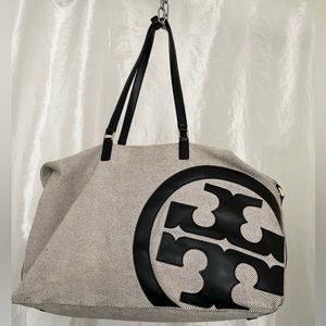 Tory Burch Lonnie Logo Black and Grey Canvas Large Tote